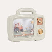 Little Dutch Farm Musical TV with a carry handle, farm picture screen, orange clock face and winding knob.