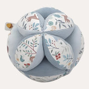 Little Dutch Forest Friends sensory gripping ball with blue ribbed sections and woodland-patterned panels.