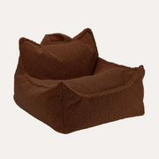A plush brown fleece bean bag chair with a matching throw pillow, shown on a solid white background.