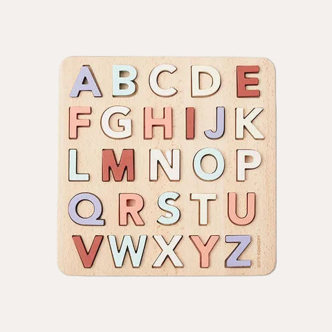 Wooden alphabet puzzle with colorful letters on a light beige background