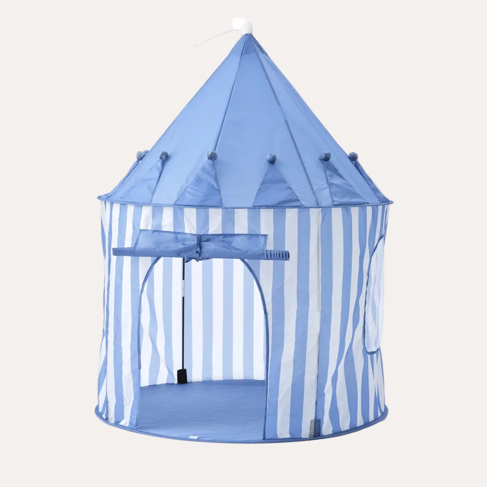 Blue striped children's play tent on a white background