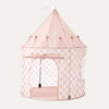 Pink children's play tent with checkered pattern on a white background