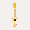A yellow wooden toy guitar designed for children, with a simple and small size suitable for small hands.