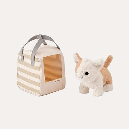 Small striped pet carrier with a plush dog toy on a white background