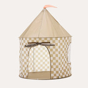 Kid's Concept checked play tent with a pointed roof, doorway and a small flag.