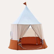 Kid's Concept Blue Circus Play Tent with a pale blue pointed roof, cream curtains and an orange lower panel.