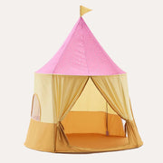 Kid's Concept Pink Circus Play Tent with a pointed pink roof, yellow curtains and an orange lower panel.