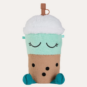 Asobu Beanie the Buzz Fuzzie Water Bottle in a mint and brown plush sleeve, with a white top and brown straw.