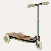 Maileg mint mouse kick board with cream wheels and grips, silver handlebars and a strap across the platform.