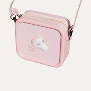 The Zoofamily Unicorn Zoo Bag in pale pink with a white unicorn-face badge, zip closure and matching shoulder strap.