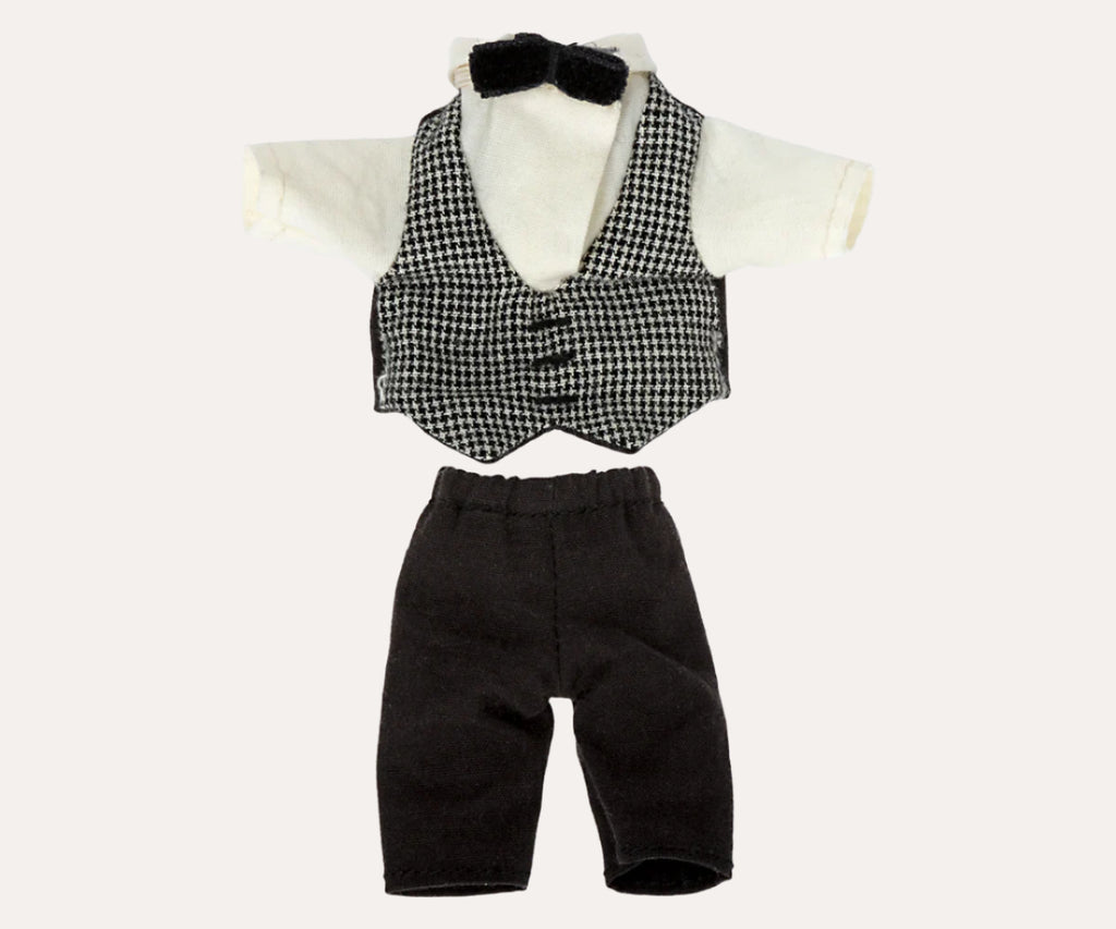 Mouse outfit with houndstooth vest, black pants, and bow tie on a white background