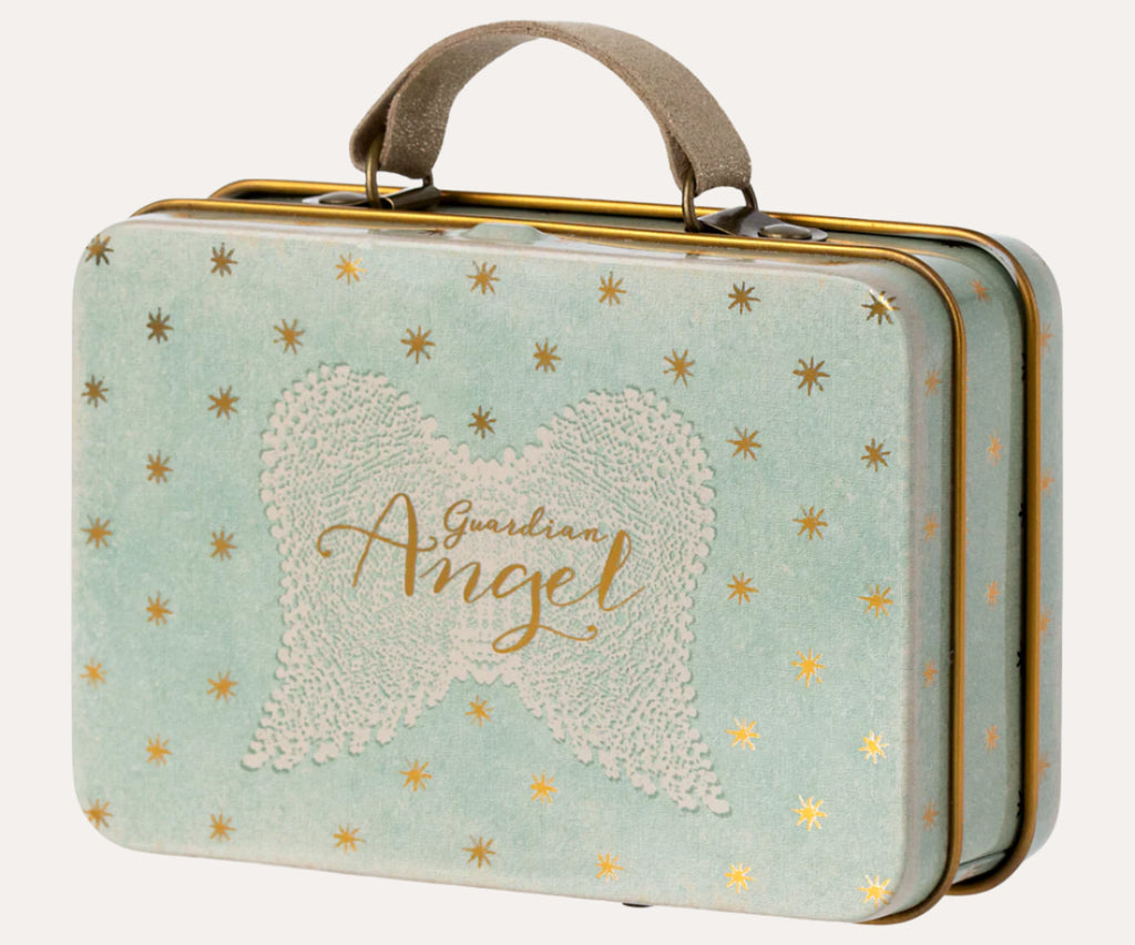 Small suitcase with 'Guardian Angel' design on a light blue background