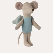 Maileg Little Fairy Mouse in Mint with a turquoise body and pale spotted wings, shown from the front.