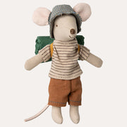 Maileg Big Brother Hiker Mouse wearing a grey hat, thin-striped shirt and brown shorts with a rolled green pack.