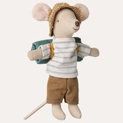 Maileg Big Brother Hiker Mouse wearing a checked hat, blue-striped shirt and brown shorts with a rolled blue-green pack.