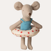 Stuffed toy mouse in a blue swimsuit with a red polka dot life preserver on a white background