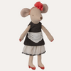 Stuffed mouse toy with a black dress and red flower on a white background