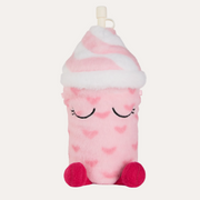Asobu Lulu the Love Bug Fuzzie Water Bottle in a pink heart-patterned plush sleeve with a white swirl top.