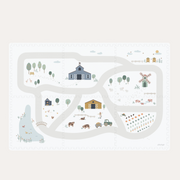 Play & Go Tiloo Farm puzzle playmat laid flat with pale roads, farm buildings, animals and planted fields.