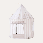 Kid's Concept Play Tent Grey Stripe with a pointed pale roof, narrow striped sides and an open arched doorway.