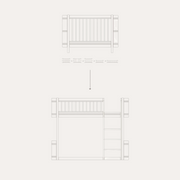 Oliver Furniture Mini+ diagram showing a cot converted into a low loft bed with a ladder and open space underneath.