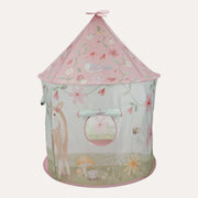 Little Dutch Fairy Garden play tent with a pink pointed roof, illustrated sides and a round window.
