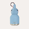 Blue water bottle with cartoon character lid and keychain on a white background