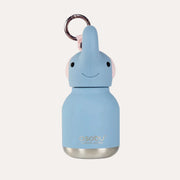 Asobu Mini Elephant Bestie Water Bottle in blue, with an elephant-shaped lid and a metal keyring.