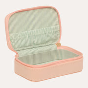 Mimi & Lula Pink Mini Jewellery Box open to show its pale striped lining and gathered inner pocket.