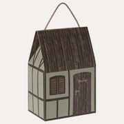 Maileg mint Farmhouse gift bag with a cord handle, dark pitched roof and printed timber-frame details.