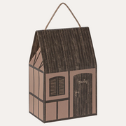 Maileg rose Farmhouse gift bag with a cord handle, dark pitched roof and printed windows and door.
