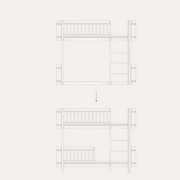 Oliver Furniture Mini+ diagram showing a low loft bed converted into a low bunk bed with a second sleeping space below.