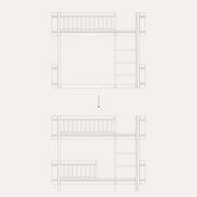 Oliver Furniture Mini+ diagram showing a low loft bed converted into a low bunk bed with a second sleeping space below.