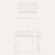 Oliver Furniture Mini+ diagram showing a cot converted into a low loft bed with a ladder and open space underneath.