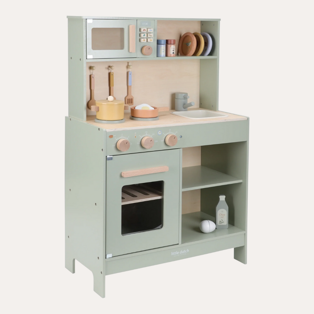 Children's play kitchen set with various accessories on a light gray background