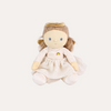 Front view of Olli Ella Dinky Dinkum Aria Angel doll in a pale dress with a rainbow motif and gold halo.