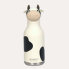 Cow-themed water bottle with black spots on a white background, featuring the brand 'asobu'.