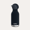 Black insulated bottle with a character lid on a white background, featuring the asobu brand.
