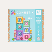 Connetix Pastel Portal Pack box with a turquoise front showing square-frame constructions and a printed 48-piece label.