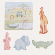 Little Dutch 6 in 1 Puzzles - Safari Friends, animal-shaped puzzles beside a square puzzle depicting a safari scene.