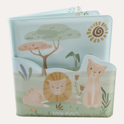 Little Dutch Safari Friends bath book with lions on the shaped front cover and a pale blue safari scene.