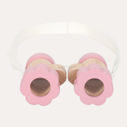 Little Dutch Fairy Garden binoculars with pink flower-shaped ends, wooden barrels and a pale neck strap, front view.