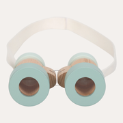 Little Dutch Forest Friends binoculars with pale blue ends, wooden barrels and a pale neck strap, front view.
