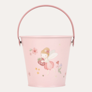 Pink Little Dutch Fairy Garden bucket with a raised handle and a fairy surrounded by flowers on the front.