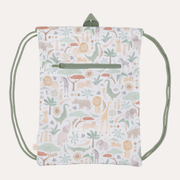 Little Dutch Safari Friends gym bag laid flat with animal print, green drawstrings and a zipped front pocket.