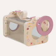 Little Dutch Fairy Garden insect box shown at an angle, with a pink circular door open and a rolled shoulder strap on top.