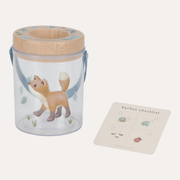 Little Dutch Forest Friends insect jar with a fox illustration, blue handle and viewing lid beside a checklist card.