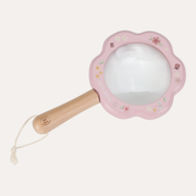 Little Dutch Fairy Garden magnifying glass with a pink flower-shaped frame, wooden handle and hanging cord.