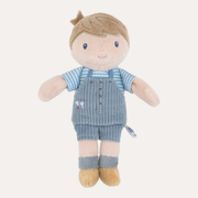 Little Dutch Mini Jim doll with short brown hair, a blue striped shirt and blue dungarees, front view.