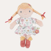 Little Dutch Mini Julia doll with blonde plaits, a flower-patterned dress and red shoes, front view.